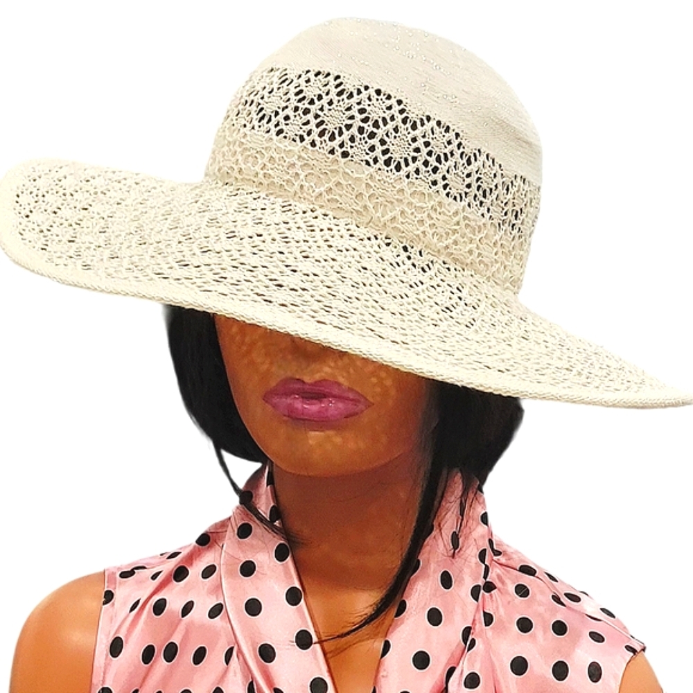 LIZ CLAIBORNE See-through Off-white Ladies Sparkly Embrod/Crochet Sun Hat NWOT